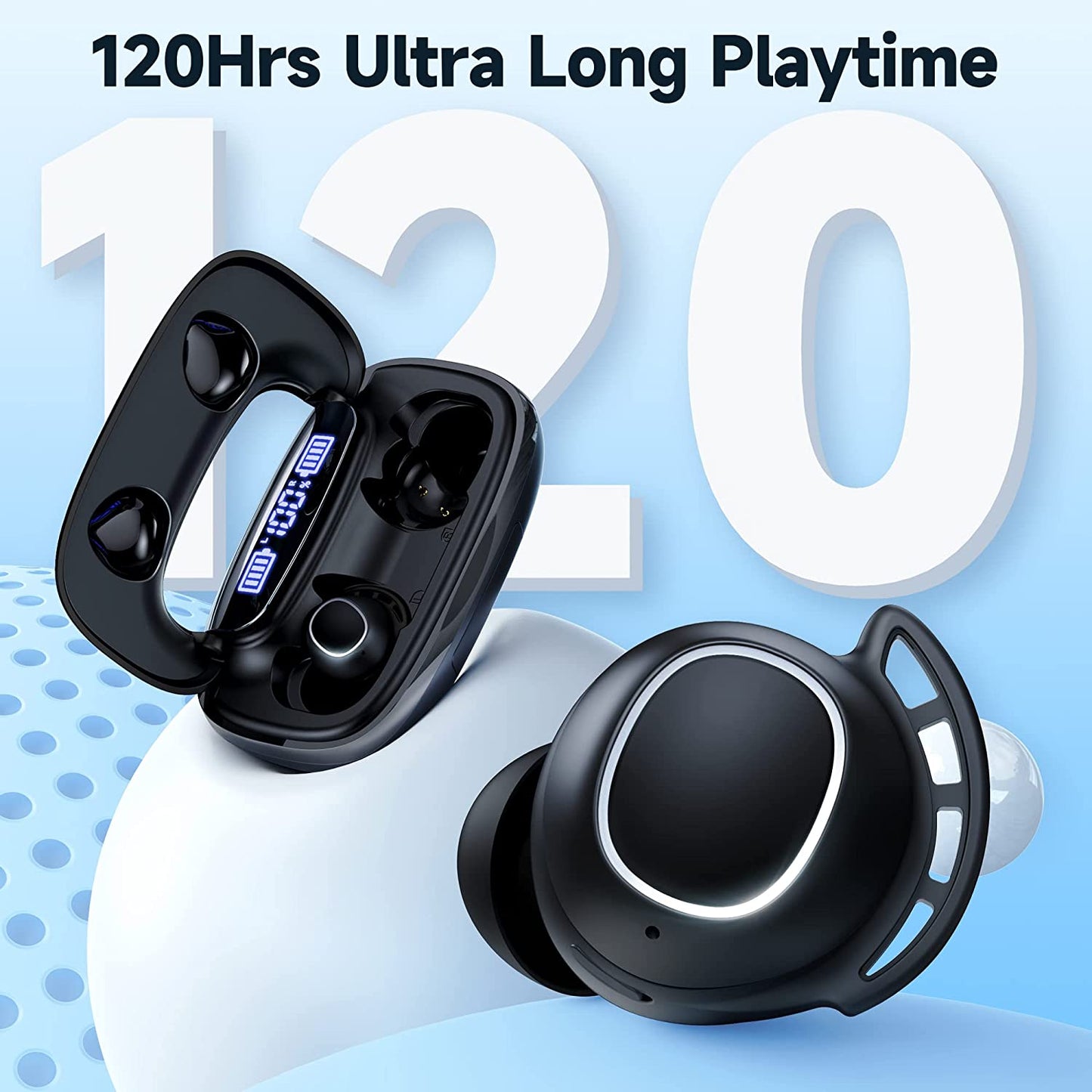 Bluetooth Headphones Wireless Earbuds 120H Playtime Ear Buds IPX7 Waterproof Earphones Digital Power Display Headsets with Charging Case and Mic for Sports Fitness Laptop TV Computer Cell Phone Games